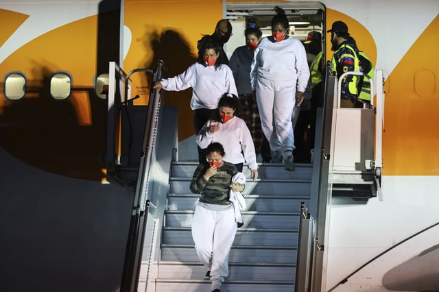 Venezuelans deported from the USA arrive at Simon Bolivar International Airport on a repatriation flight on March 28, 2025, in Maiquetia, Venezuela.