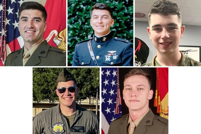 The Marine Corps released the names of the five men killed when their helicopter crashed in the Cuyamaca Mountains during a heavy storm. All five were based at the Marine Corps Air Station in Miramar as members of a heavy-lift helicopter squadron in the 3rd Marine Aircraft Wing. They are clockwise from top left,  pilot Capt. Jack Casey, pilot Capt. Miguel Nava, Lance Cpl. Donovan Davis, Sgt. Alec Langen, and Capt. Benjamin Moulton.   (US Marine Corps)