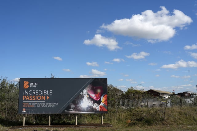 A British Steel sign is seen at British Steel's Scunthorpe plant, Scunthorpe, Britain, April 14, 2025. REUTERS/Dominic Lipinski