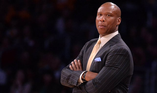 Then-Los Angeles Lakers head coach Byron Scott reacts during an NBA game against the Sacramento Kings at Staples Center. 