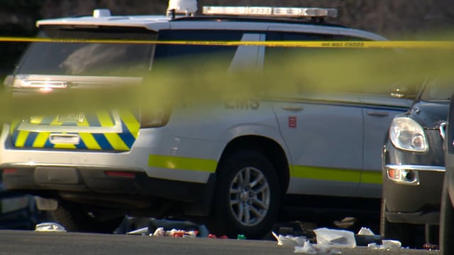 An emergency medical services vehicle at the scene of a crash on April 30, in the community of Huntington Hills. A 17-year-old skateboarder who was struck by a vehicle has now succumbed to his injuries.