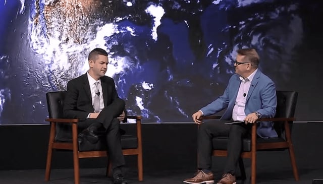 Jared Isaacman (left) speaks with Space Force Association vice president Matt Anderson Dec. 11, 2024, at the Spacepower Conference in Orlando, Fla. Credit: SFA