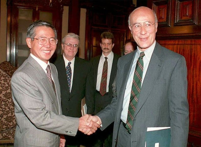 Peru's then president Alberto Fujimori meets with Joseph Nye, then the US assistant secretary of defense for international security, in Lima in 2001