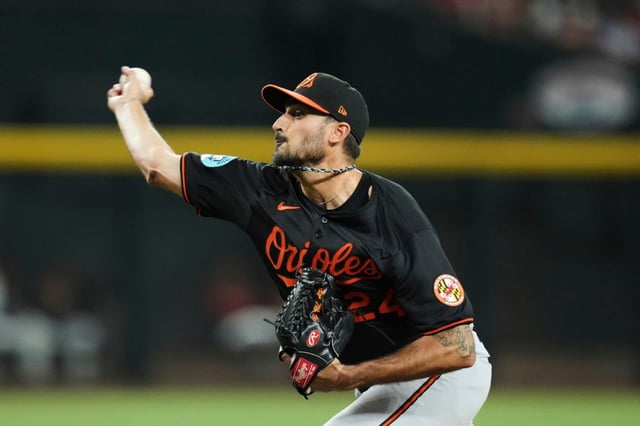 Baltimore Orioles starting pitcher Zach Eflin throws against the Arizona Diamondbacks during the fourth inning of a baseball game Monday, April 7, 2025, in Phoenix. (AP Photo/Ross D. Franklin)