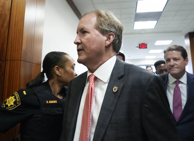Texas Attorney General Ken Paxton appears at a pretrial hearing in his securities fraud case before state District Judge Andrea Beall, Tuesday, March 26, 2024, at Harris County Criminal Courts at Law in Houston.