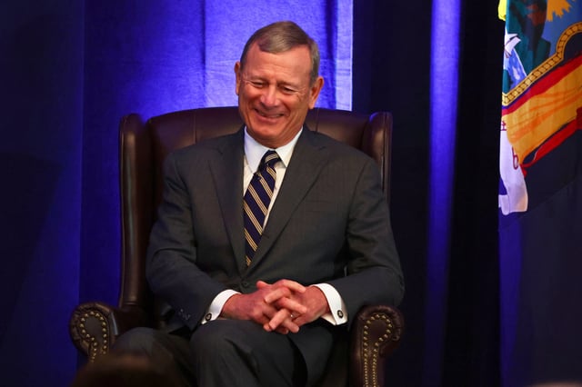Chief Justice John Roberts speaks during a fireside chat at the 125th anniversary celebration of the United States District court for the Western District of New York, Wednesday, May 7, 2025, in Buffalo, N.Y. (AP Photo/Jeffrey T. Barnes)
