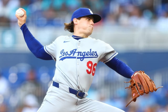 Dodgers starting pitcher Landon Knack throws to the plate during the first inning of their game against the Miami Marlins on Wednesday in Miami. Knack pitched five scoreless innings in a 10-1 win. (Photo by Megan Briggs/Getty Images)
