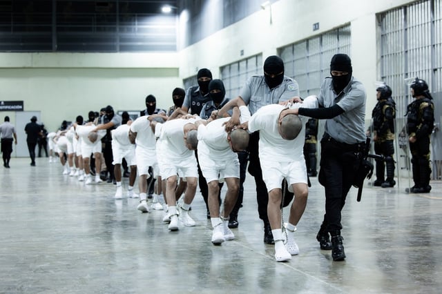 In this handout photo provided by the Salvadoran government,  guards escort the inmates allegedly linked to criminal organizations at Latin America's largest prison on March 16, 2025 in Tecoluca, El Salvador. Trump's administration deported 238 alleged members of the Venezuelan criminal organizations 'Tren De Aragua' and Mara Salvatrucha with only 23 being members of the Mara. Nayib Bukele president of El Salvador announced that his government will receive the alleged members of the gang to be taken to CECOT.