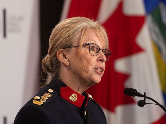  Newly-appointed interim Calgary police Chief Constable Katie McLellan speaks at a press conference at CPS headquarters on Wednesday, May 7, 2025.