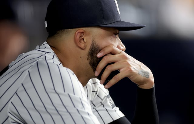 NEW YORK, NEW YORK - APRIL 25: Devin Williams #38 of the New York Yankees reacts after he is pulled from the game in the ninth inning against the Toronto Blue Jays at Yankee Stadium on April 25, 2025 in the Bronx borough of New York City. The Toronto Blue Jays defeated the New York Yankees 4-2. (Photo by Elsa/Getty Images)