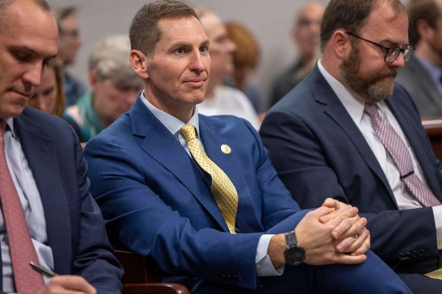 Judge Jefferson Griffin, the Republican candidate for the North Carolina Supreme Court, listens to testimony in Wake County Superior Court on February 7, 2025, in Raleigh, North Carolina.