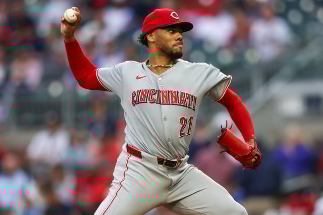May 7, 2025; Atlanta, Georgia, USA; Cincinnati Reds starting pitcher Hunter Greene (21) throws against the Atlanta Braves in the second inning at Truist Park. Mandatory Credit: Brett Davis-Imagn Images/File Photo