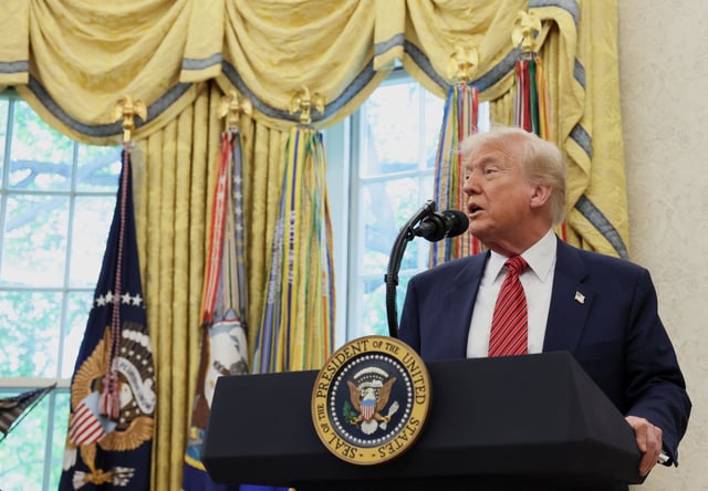 U.S. President Donald Trump takes questions from the media following former U.S. Senator David Perdue's swearing-in ceremony to be the new U.S. ambassador to China, at the White House in Washington, D.C., U.S., May 7, 2025. REUTERS/Leah Millis/File Photo