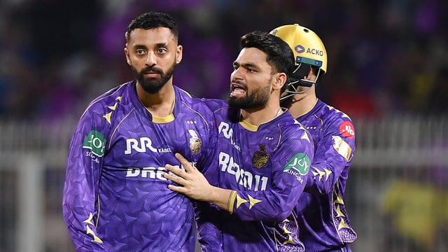 Kolkata Knight Riders' Varun Chakaravarthy and Rinku Singh celebrate the wicket of Chennai Super Kings' Urvil Patel during IPL 2025