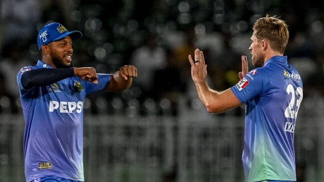 Multan Sultans' David Willey (R) celebrates with teammate Chris Jordan after taking a wicket.