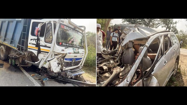The severely damaged private school children's car after a road accident with a truck, at Samana road, in Patiala on Wednesday. (ANI)