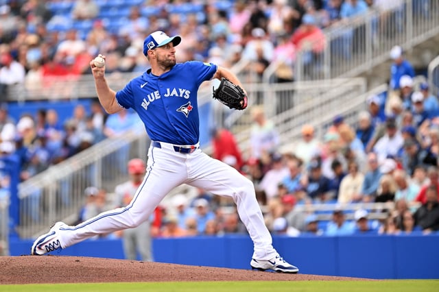 Feb 25, 2025; Dunedin, Florida, USA; Toronto Blue Jays starting pitcher Max Scherzer (31) throws against the St. Louis Cardinals in the first inning of a spring training game at TD Ballpark. Mandatory Credit: Jonathan Dyer-Imagn Images/File Photo