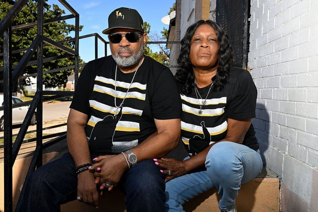 MEMPHIS,TN- OCTOBER 21: Rodney Wells (L) and RowVaughn Wells, parents of Tyre Nichols, pose for a portrait next to Nichols' mural on October 21, 2024 in Memphis, Tennessee. Tyre Nichols was beaten by several Memphis police officers during a traffic stop in January of 2023, where he suffered a fatal traumatic brain injury. Jury members earlier this month found three of the officers guilty on different charges stemming from Nichols death.  (Photo by Joshua Lott/The Washington Post via Getty Images)