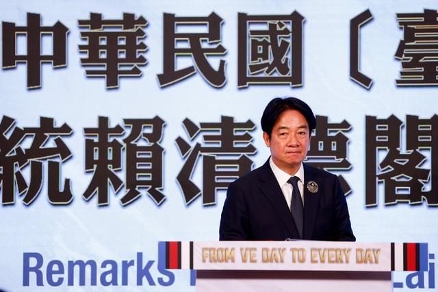 Taiwan President Lai Ching-te delivers a speech on the anniversary of the end of World War Two in Europe in Taipei, Taiwan May 8, 2025. REUTERS/Ann Wang