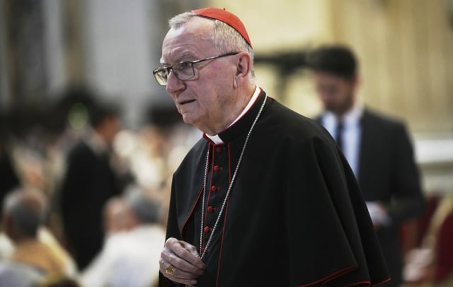 Cardinal Pietro Parolin arrives in St. Peter's Basilica to attend a mass on the eight of nine days of mourning for late Pope Francis, at the Vatican, Saturday, May 3, 2025. (AP Photo/Alessandra Tarantino)