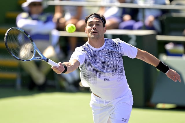 Mar 3, 2025; Indian Wells, CA, USA;  Fabio Fognini (ITA) hits a shot against Colton Smith (not pictured) during his qualifying match in the BNP Paribas open at the Indian Well Tennis Garden. Mandatory Credit: Jayne Kamin-Oncea-Imagn Images/File Photo