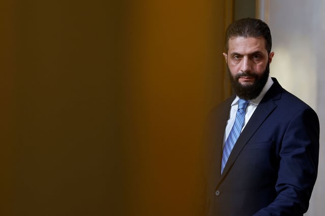 Syrian President Ahmad al-Sharaa attends a press conference at the Elysee Palace in Paris on May 7.