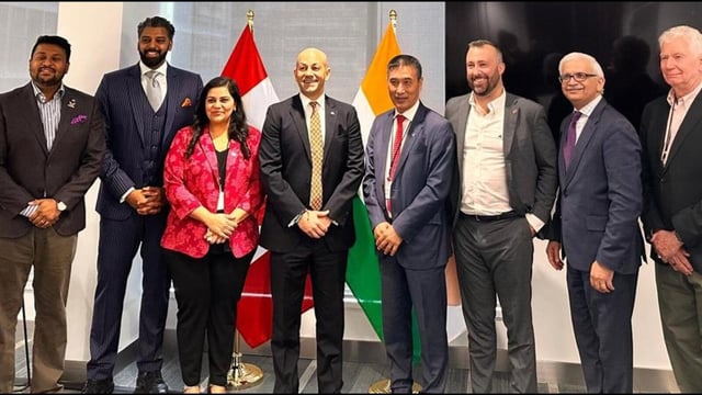 Ranj Pillai (fourth from left) at the Western Canada-India Leaders Summit organised by the Canada India Business Council in Vancouver this April. (Credit: Indian consulate in Vancouver/X)