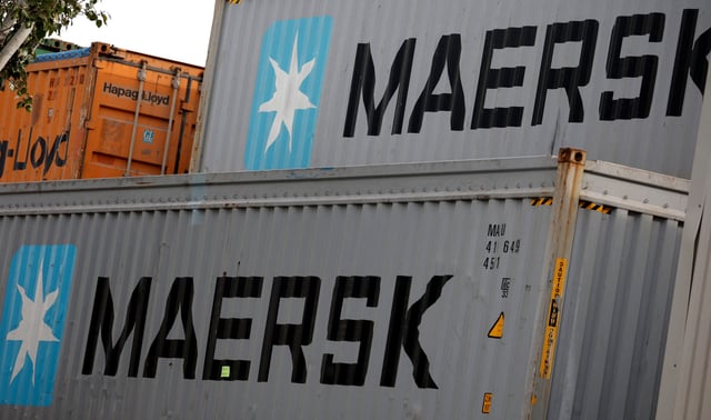 Maersk's logo is seen in stored containers at Zona Franca in Barcelona, Spain, November 3, 2022. REUTERS/Albert Gea/FIle Photo