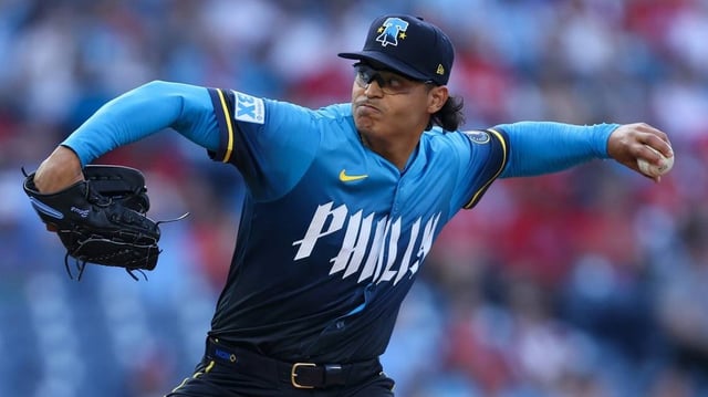 May 2, 2025; Philadelphia, Pennsylvania, USA; Philadelphia Phillies pitcher Jesús Luzardo (44) pitches against the Arizona Diamondbacks during the first inning at Citizens Bank Park. Mandatory Credit: Bill Streicher-Imagn Images