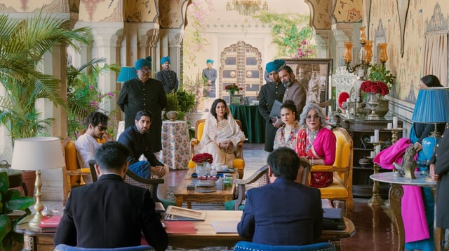 (L to R) Ishaan Khatter as Aviraaj Singh, Vihaan Samat as Digvijay Singh, Jagdish Rajpurohit as Girdhari , Sakshi Tanwar as Padmaja, Kavya Trehan as Divyaranjini Singh, Zeenat Aman as Maji in Netflix India's "The Royals."