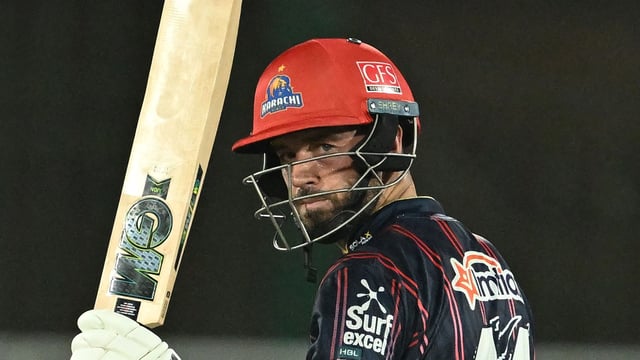 Karachi Kings English batsman James Vince celebrates after scoring a half-century.