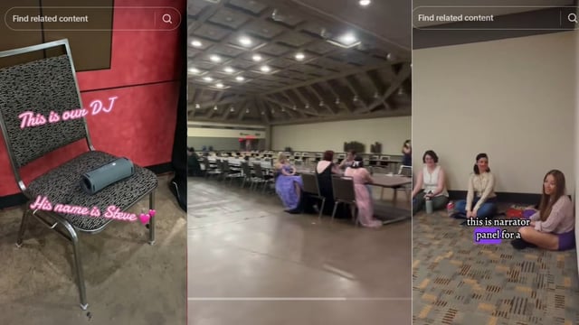 This composite image shows footage from three TikTok videos of the A Million Lives Book Festival, a Baltimore, Md., book convention garnering comparisons to Fyre Fest after attendees reported no decoration for a $250 US fantasy ball, no DJ, and audience members having to sit on the ground for a panel, among other problems. 