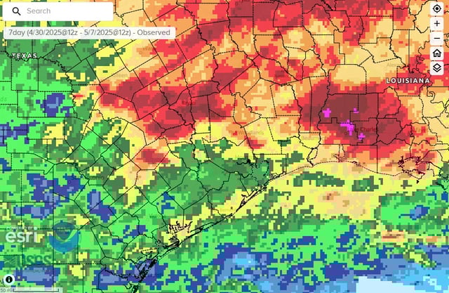 Shown are cumulative rainfall totals since April 30 across Southeast Texas. Dark red north of Houston indicates where 6 to 8 inches of rain have been estimated by radar. Houston and most of Harris County has received 1 to 2 inches of rain over the past seven days, while areas along the coast have picked up generally an inch to 3 inches.