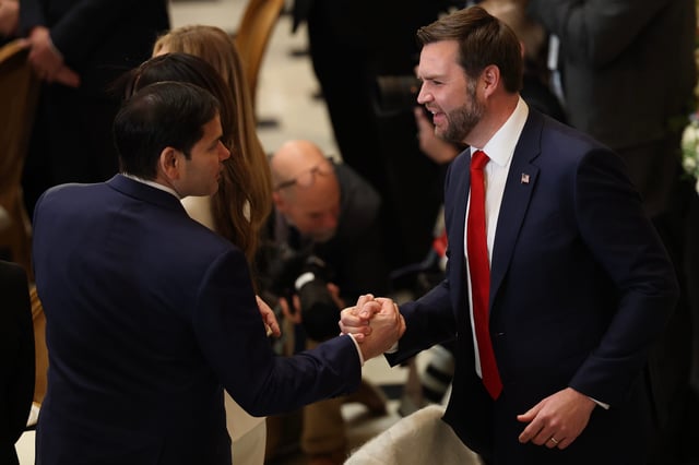 WASHINGTON, DC - JANUARY 20: U.S. Vice President J.D. Vance greets nominee for Secretary of State, U.S. Sen. Marco Rubio (R-FL) during the luncheon following inauguration of U.S. President Donald Trump at the U.S. Capitol on January 20, 2025 in Washington, DC. Donald Trump takes office for his second term as the 47th president of the United States. (Photo by Kevin Dietsch/Getty Images)