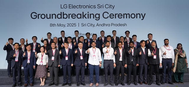 Officials of LG Electronics Inc. and local Indian governments pose for a photo during a groundbreaking ceremony to build a new home appliance factory in India's Sri City, an industrial hub in the eastern state of Andhra Pradesh, on May 8, 2025, in this photo provided by the company. (PHOTO NOT FOR SALE) (Yonhap)