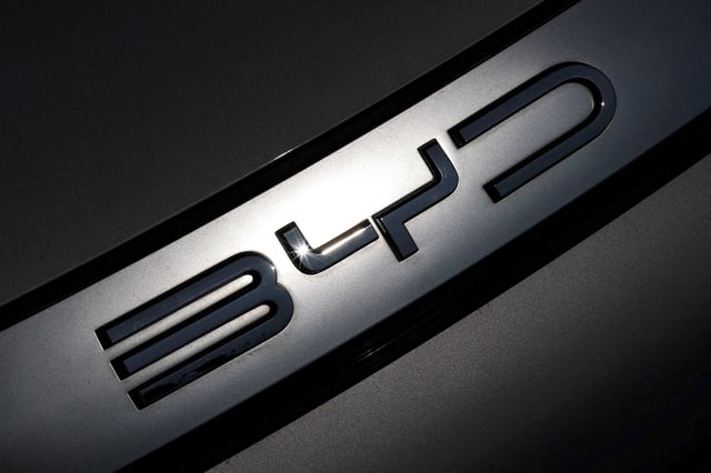 The logo of BYD is pictured on an electric car at a dealership in Reze near Nantes, France, March 27, 2025. REUTERS/Stephane Mahe/File Photo/File Photo