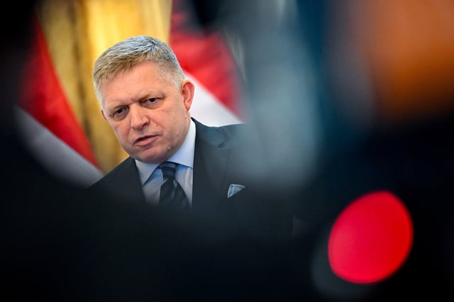 Slovakia's Prime Minister Robert Fico attends a press conference with Hungarian Prime Minister Viktor Orban (not pictured), in Bratislava, Slovakia, April 28, 2025. REUTERS/Radovan Stoklasa