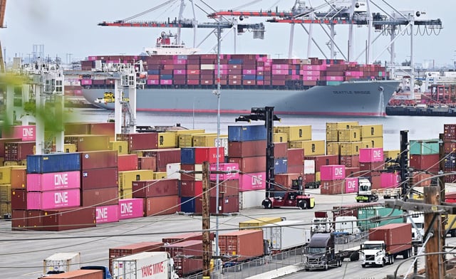 Stacked containers in the Port of Los Angeles, California, on May 6, 2025.