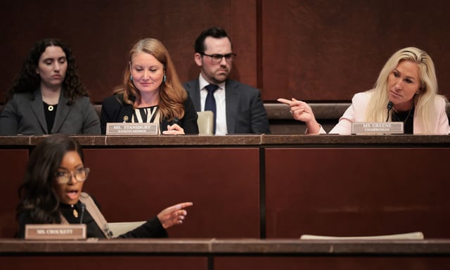 Jasmine Crockett and Marjorie Taylor Greene during the DOGE committee hearing. (Getty)