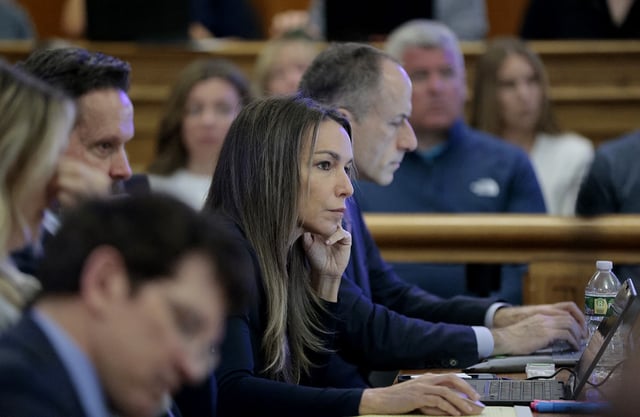 Dedham, MA – April 28: Karen Read listens to the testimony of Cellebrite digital intelligence expert Ian Whiffin. The murder retrial of Karen Read continues in Norfolk Superior Court in front of Judge Beverly J. Cannone on April 28, 2025. (Photo by Pat Greenhouse/The Boston Globe via Getty Images)