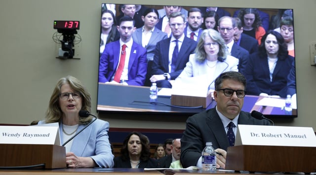 President of Haverford College Wendy Raymond and President of DePaul University Robert Manuel testify during a hearing before the House Education and Workforce Committee at the Rayburn House Office Building on May 7, 2025 in Washington, DC. (Alex Wong/Getty Images)
