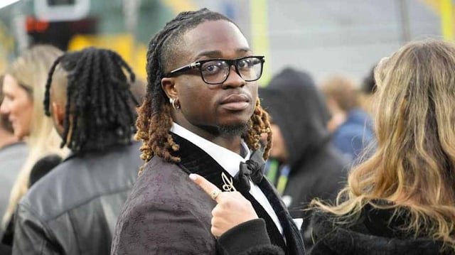 NFL draft prospect, Ashton Jeanty of Boise State, during the NFL Draft Red Carpet event at Lambeau Field in Green Bay on Thursday, April 24, 2025.