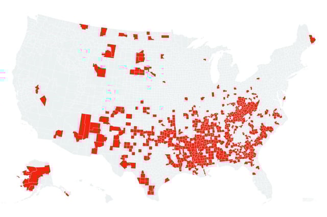 This map, capturing U.S. census data from 2020-2022, shows U.S. counties with lower life expectancy than North Korea, whose citizens lived to an average age of 72.6 years in 2021.