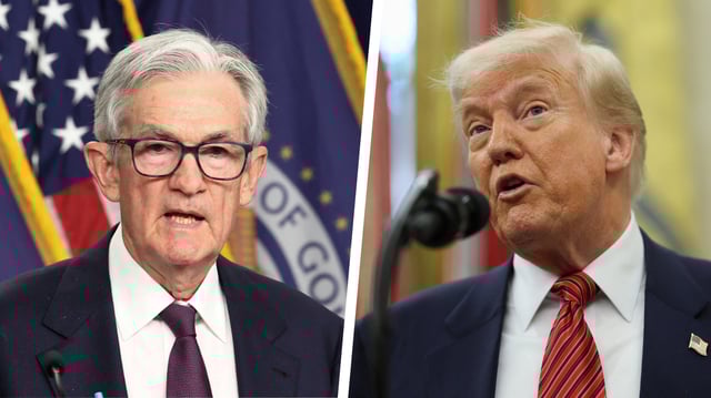 Donald Trump (à droite) s’en prend régulièrement à Jerome Powell (à gauche), qui refuse de céder à ses exigences.
