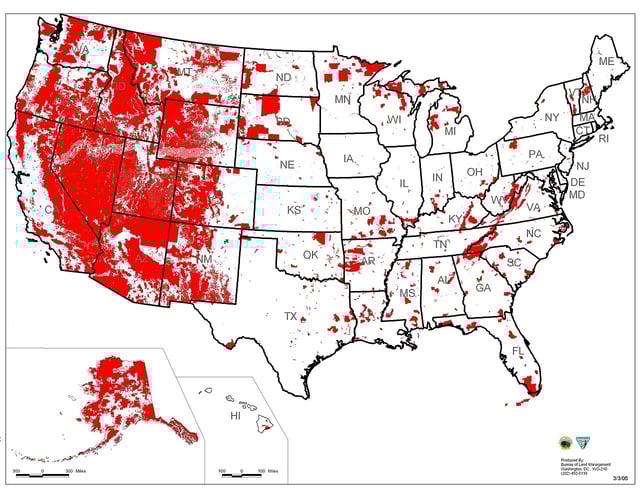 Map of all U.S. Federal Land Produced by the Bureau of Land Management.