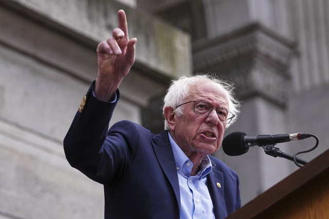 Sen. Bernie Sanders, I-Vt., speaks to demonstrators during a May Day rally outside City Hall in Philadelphia, Thursday, May 1, 2025.