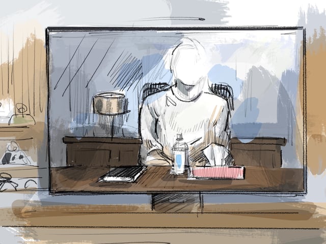 E.M., as she's known in court documents, is seen appearing virtually in a courtroom sketch in London, Ont., Friday, May 2, 2025.