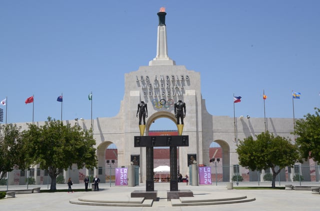May 11, 2017; Los Angeles, CA, USA; General view of the Los Angeles Memorial Coliseum peristyle and Olympic torch. Kirby Lee-USA TODAY Sports/ File Photo