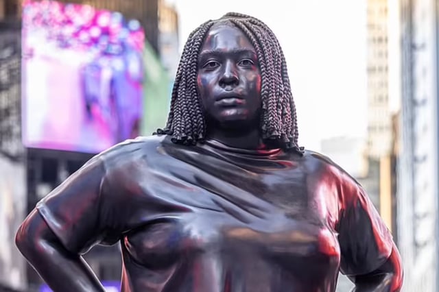 The 12-foot-tall bronze statue of a woman, from artist Thomas J. Price, was installed in Times Square this week.