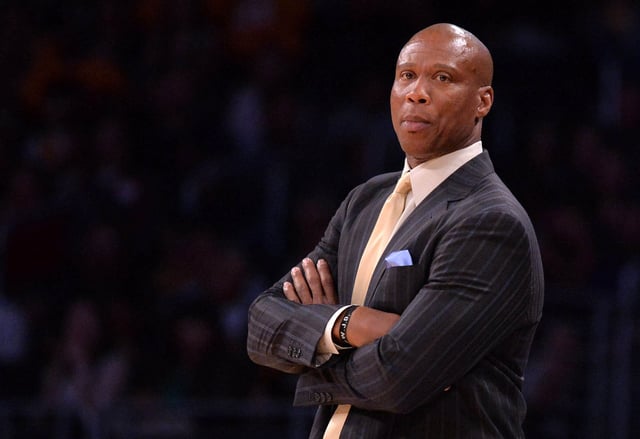 This file photo from March 15, 2016 shows Lakers coach Byron Scott reacted during an NBA game against the Kings at Staples Center in Los Angeles.